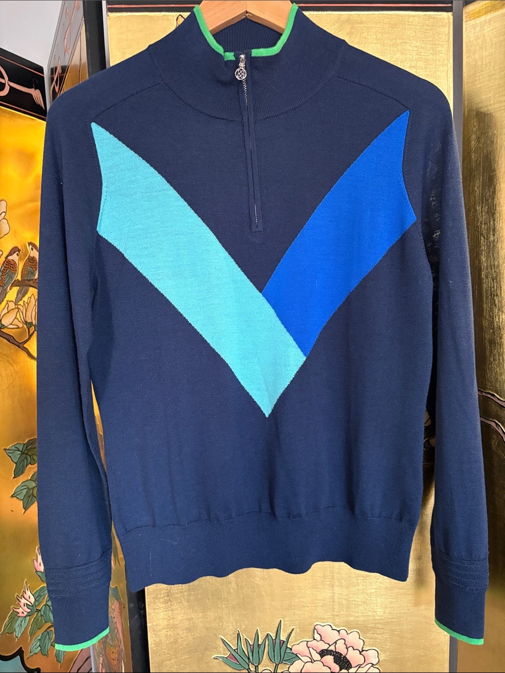 G/FORE Navy Zip-Up Sweater with Aqua and Royal V-Stripe